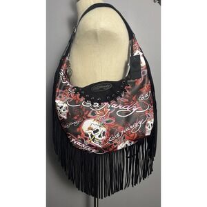 NWT Ed Hardy Fringed Hobo Shoulder Bag Skulls & Roses Red